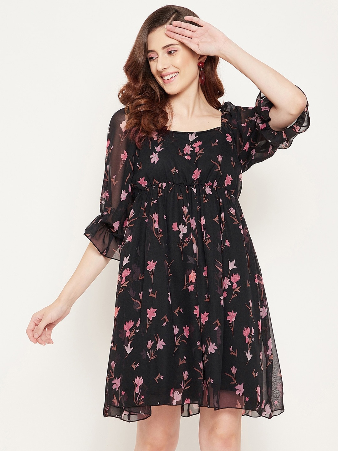 Bitterlime Floral Printed Georgette Empire Dress, Black