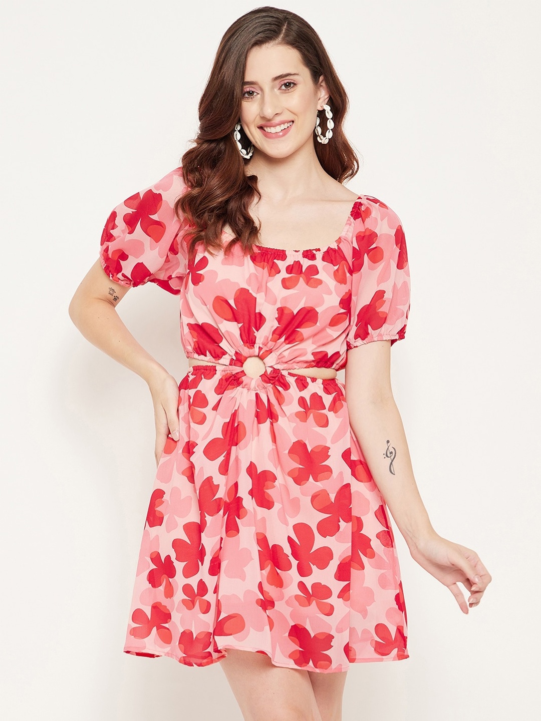 

Bitterlime Floral Printed Georgette A-Line Dress, Pink