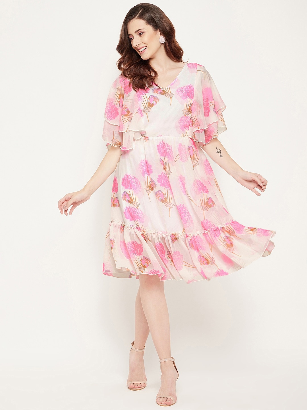 

Bitterlime Flared Sleeves Floral Georgette Dress, White