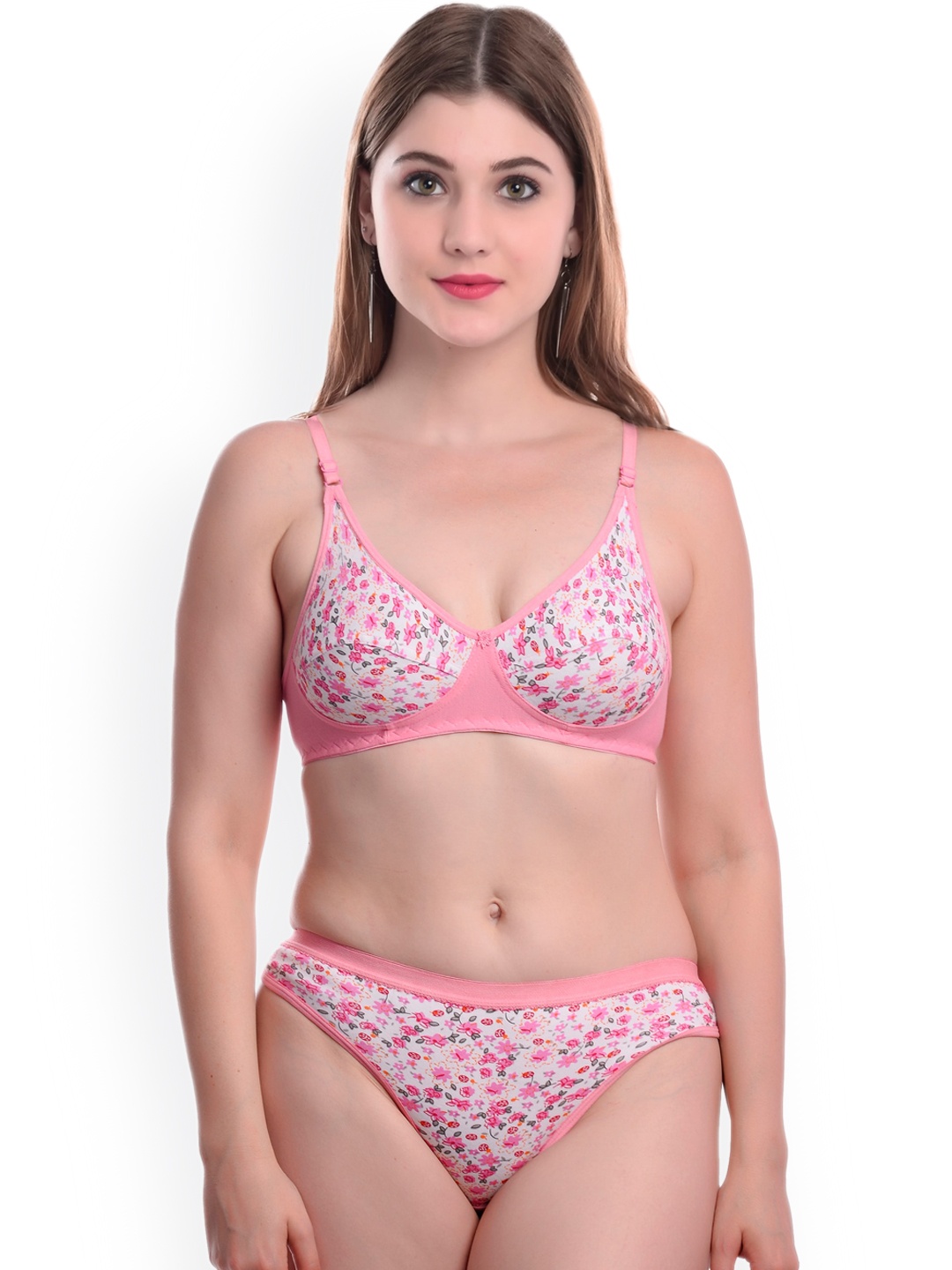 

AROUSY Women Printed Mid-Rise Non-Padded Cotton Lingerie Set M_Mayurika-Set_Pink_30, White