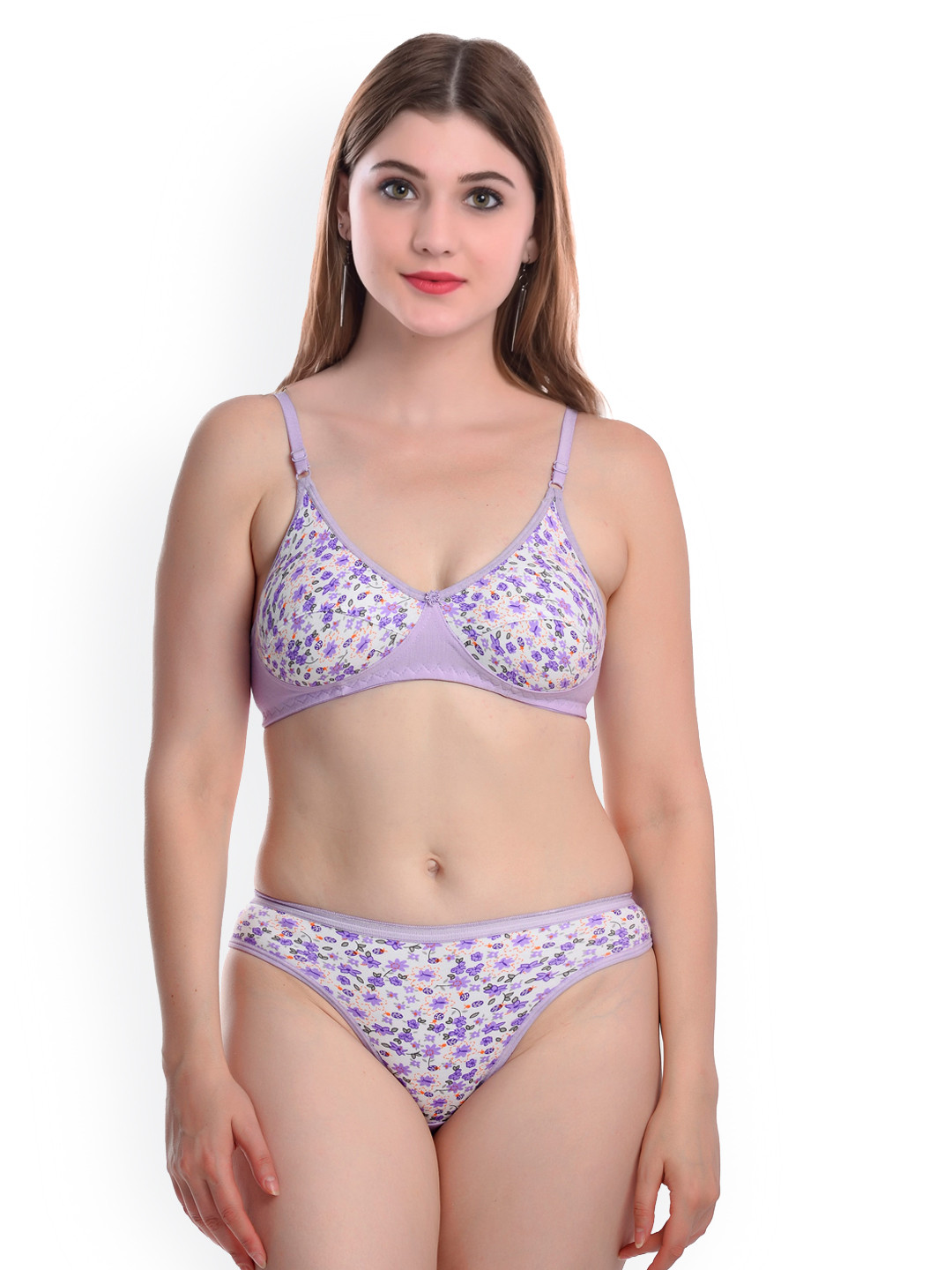 

AROUSY Printed Mid-Rise Non-Padded Cotton Lingerie Set M_Mayurika-Set_Purple_30, White