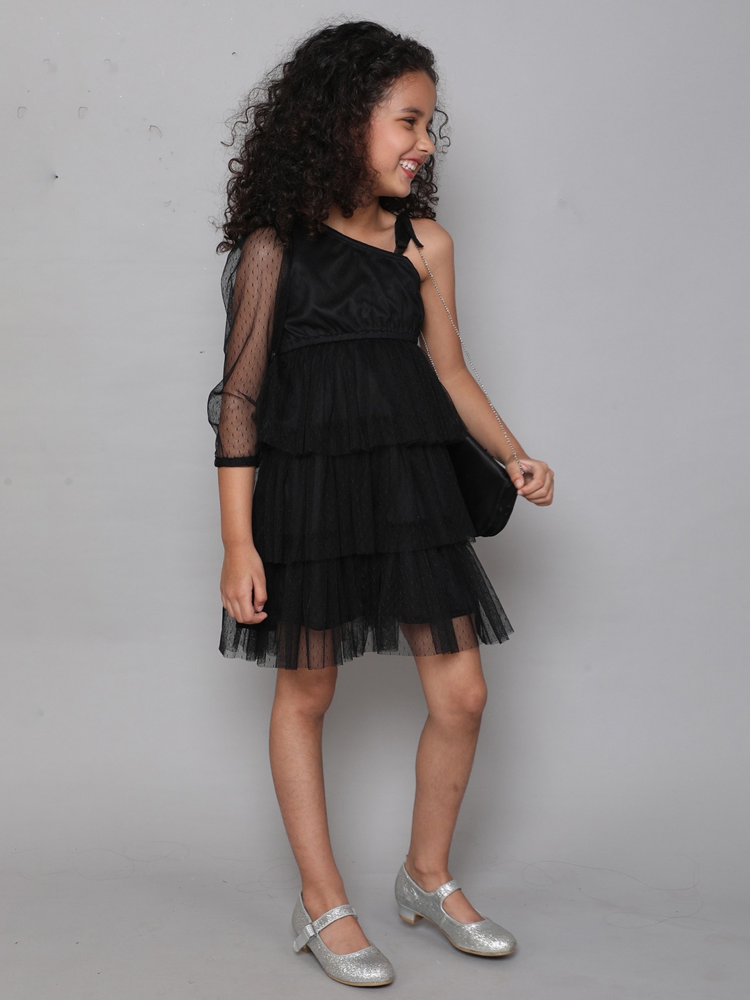 

taffykids Girls One Shoulder Net Dress, Black