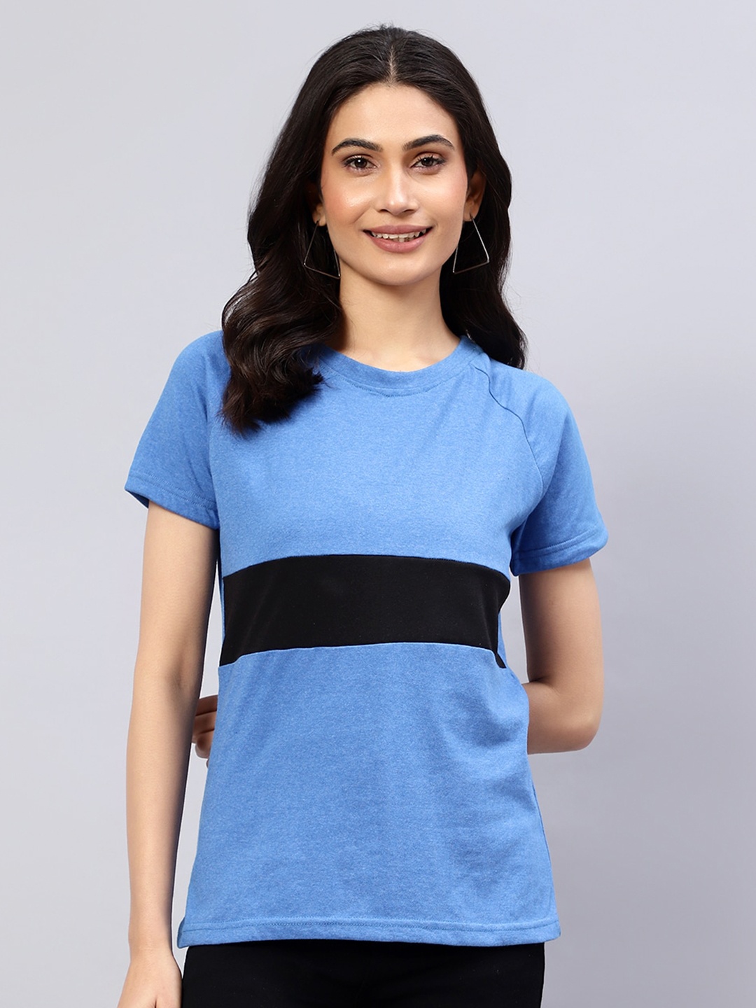 

DIAZ Colourblocked Round Neck Pure Cotton T-shirt, Blue