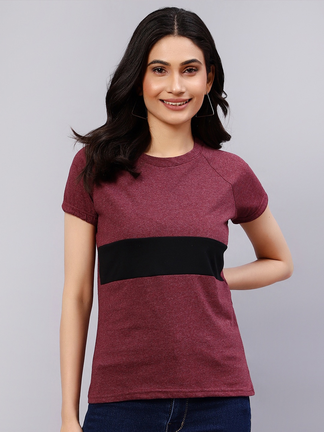 

DIAZ Colourblocked Round Neck Pure Cotton T-shirt, Purple