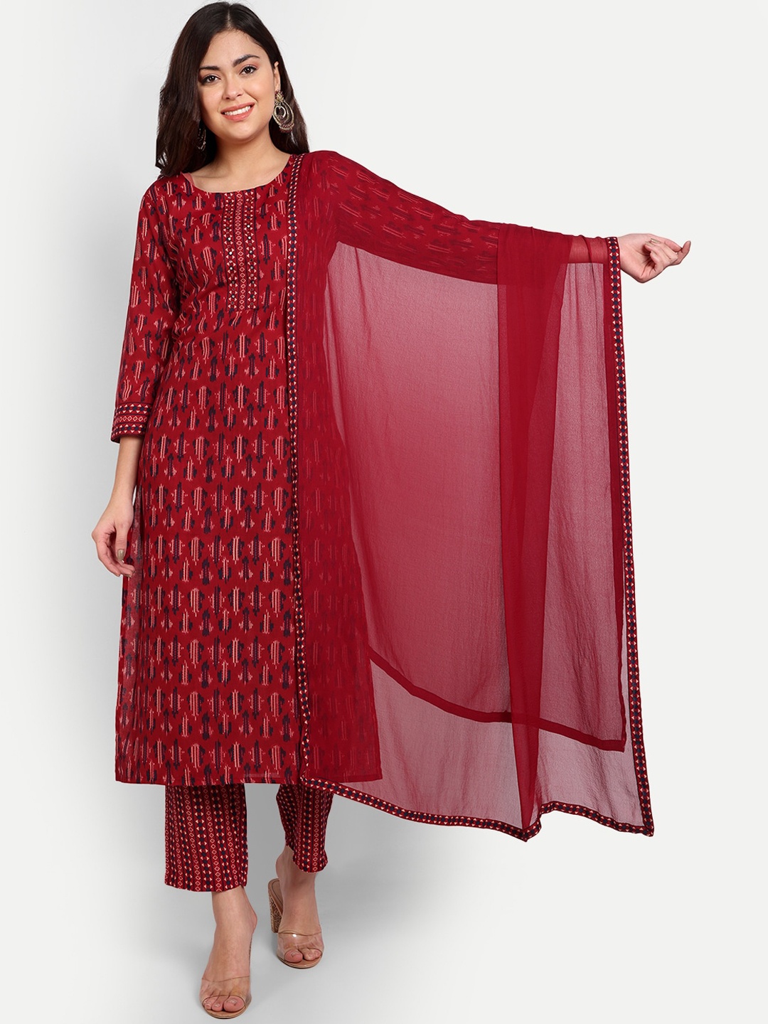 

Haute and Humble Printed Mirror Work Kurta with Trousers & Dupatta, Red