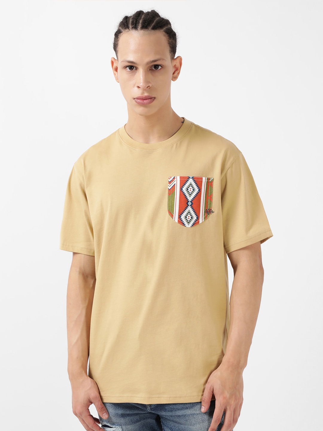 Lee Round Neck Cotton T-shirt With Aztec Print Patch Pocket, Beige