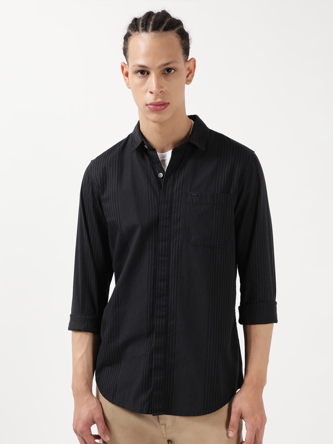 

Lee Slim Fit Vertical Striped Cotton Casual Shirt, Black