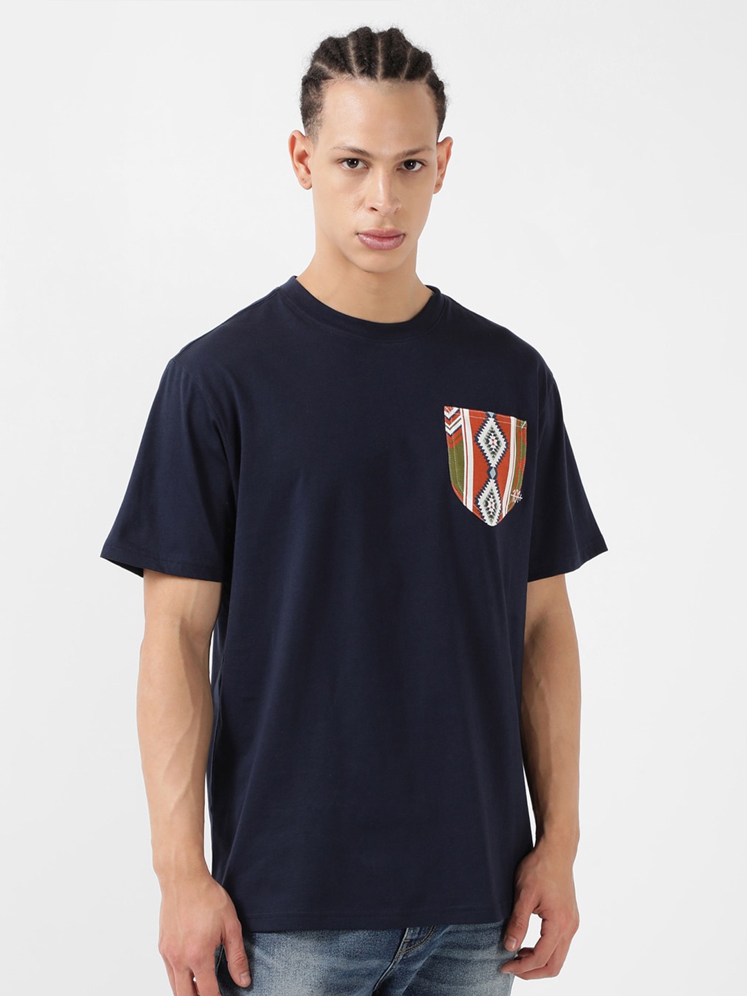 Lee Round Neck Cotton T-shirt With Aztec Print Patch Pocket, Navy blue