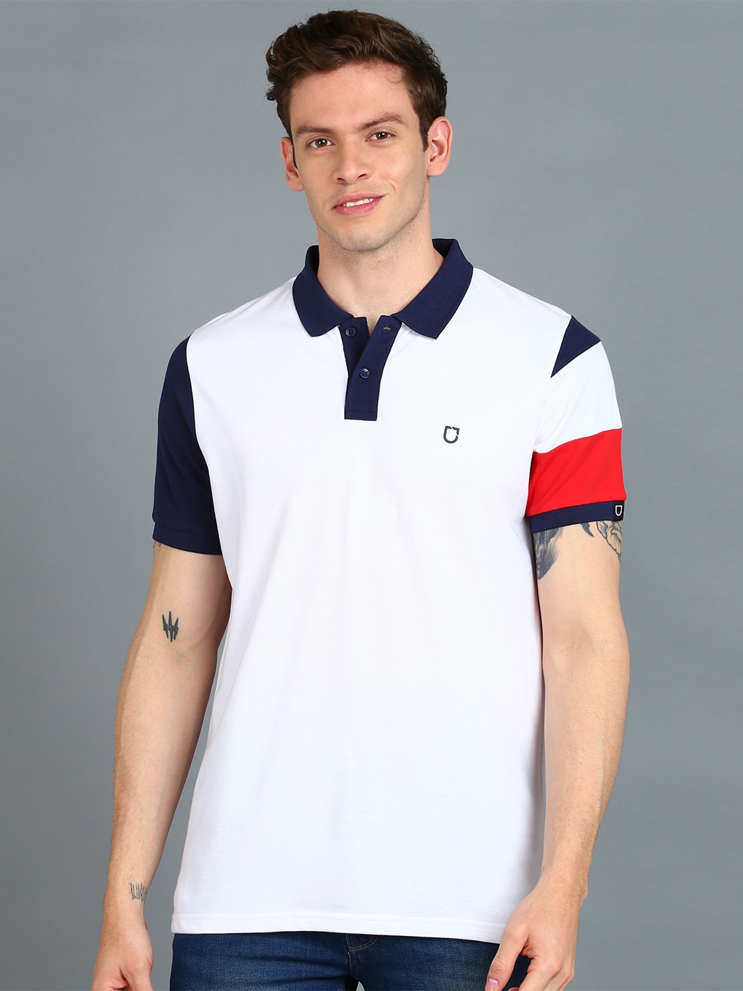 

Urbano Fashion Colourblocked Polo Collar Cotton Slim Fit T-shirt, White