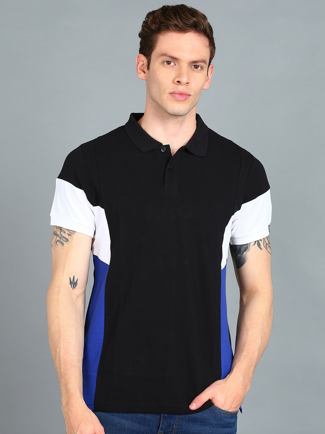 

Urbano Fashion Colourblocked Polo Collar Slim Fit Cotton T-shirt, Black