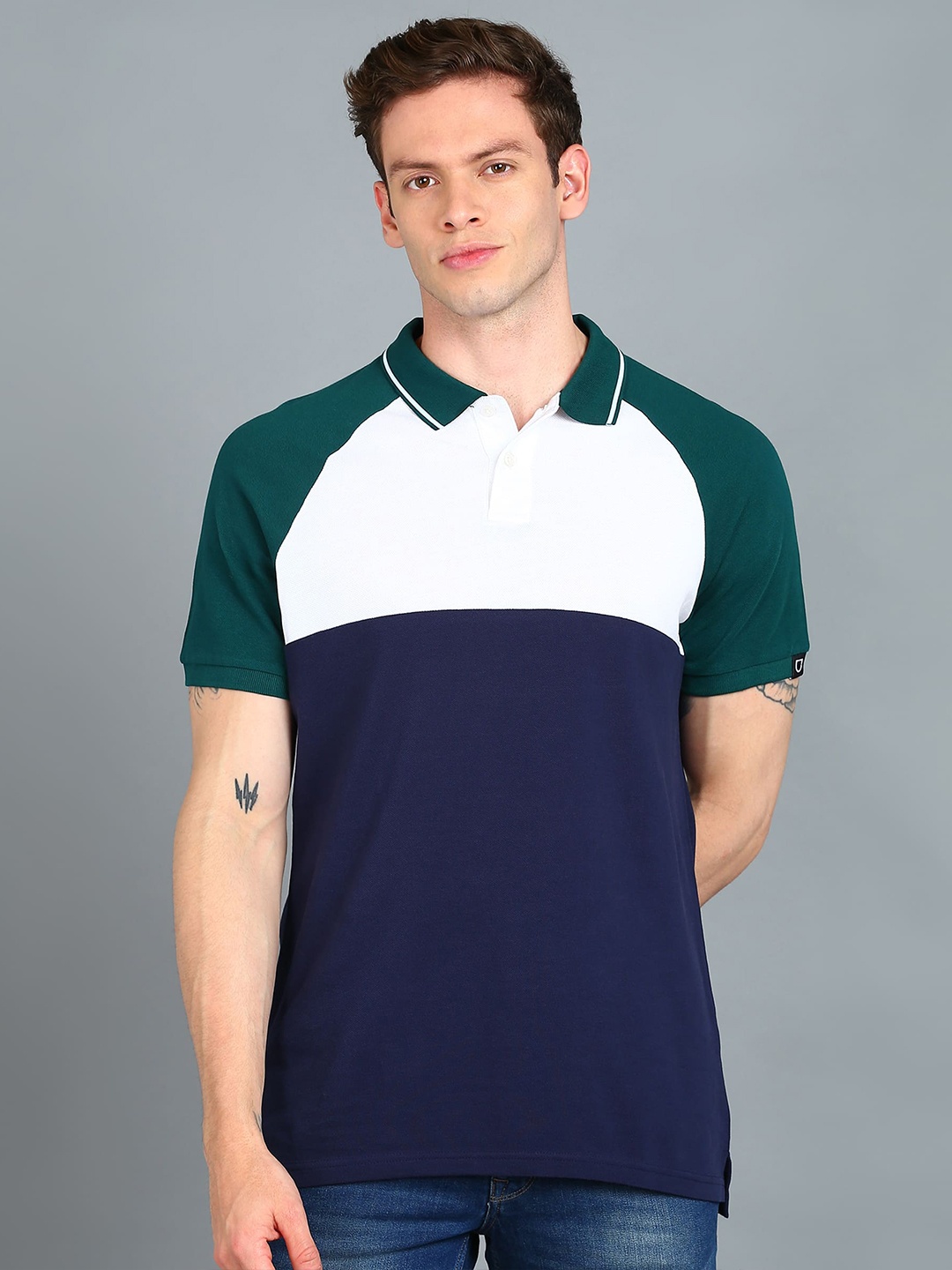 

Urbano Fashion Colourblocked Polo Collar Cotton Slim Fit T-shirt, Navy blue