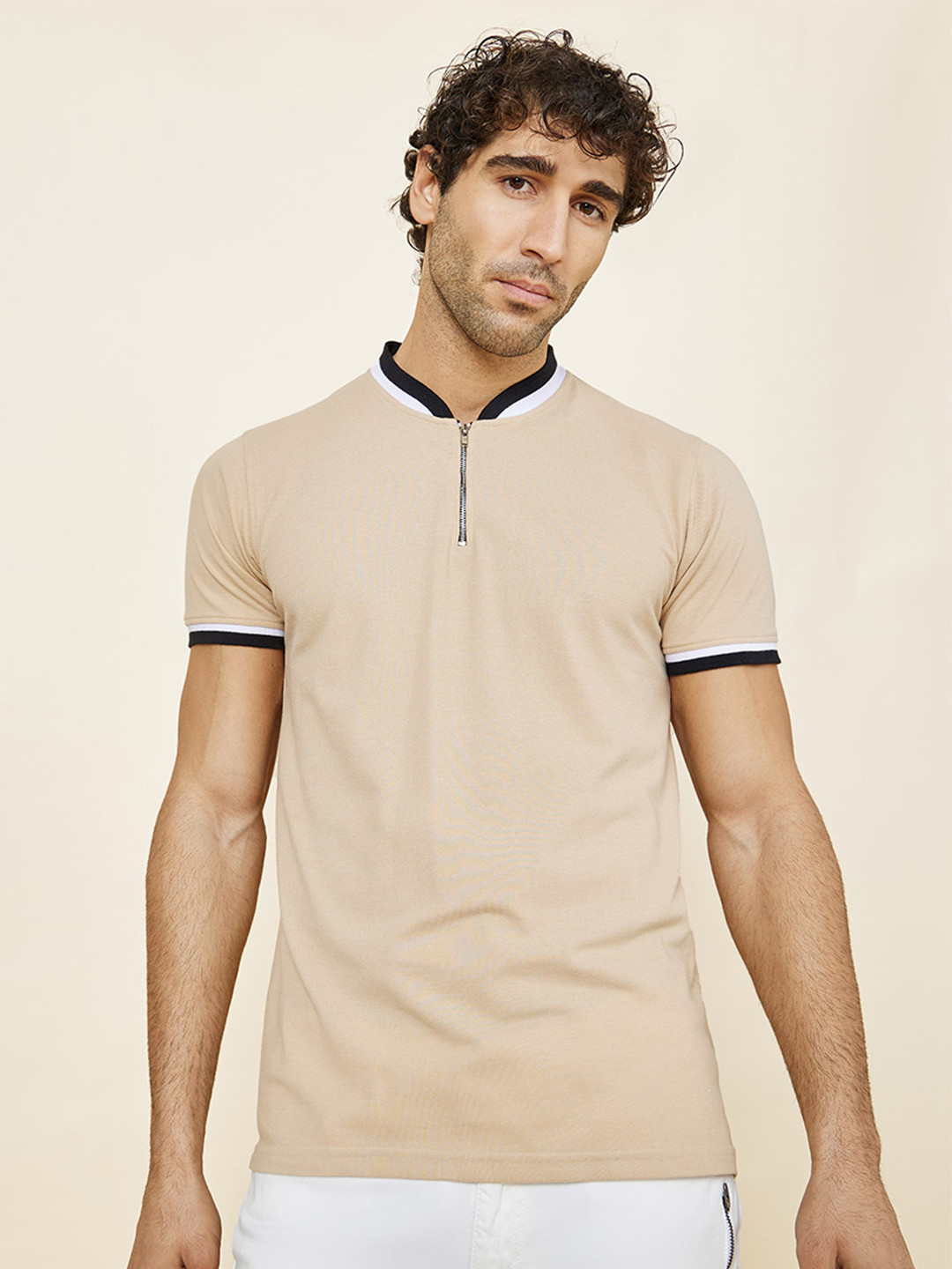 

Styli Baseball Collar Short Sleeves Regular Fit Cotton T-shirt, Beige