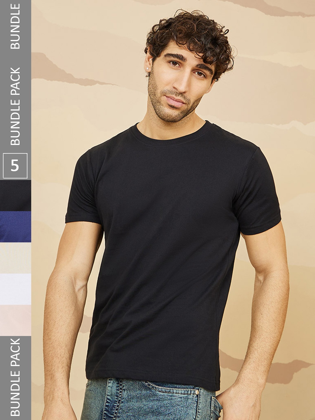 

Styli Pack Of 5 Round Neck Cotton T-shirt, Black