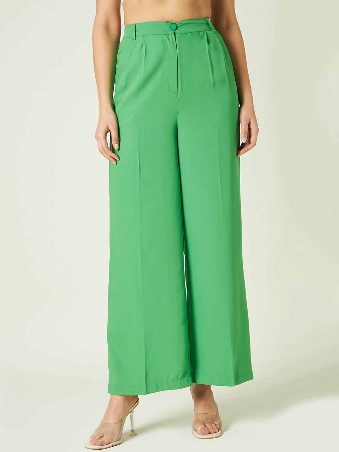 

JUNE & HARRY Women Smart Straight Fit High-Rise Parallel Trousers, Green