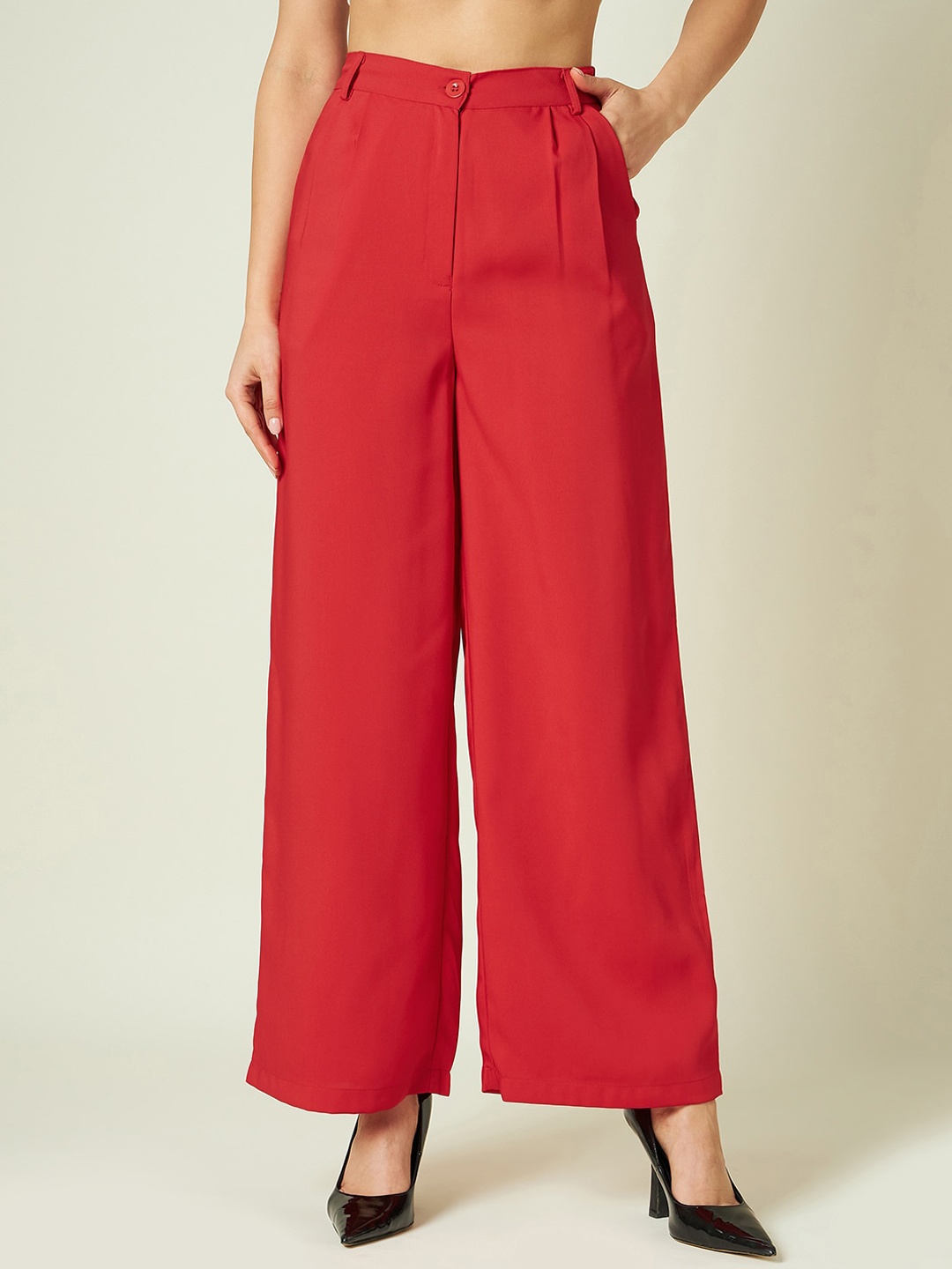 

JUNE & HARRY Women Smart Straight Fit High-Rise Parallel Trousers, Red