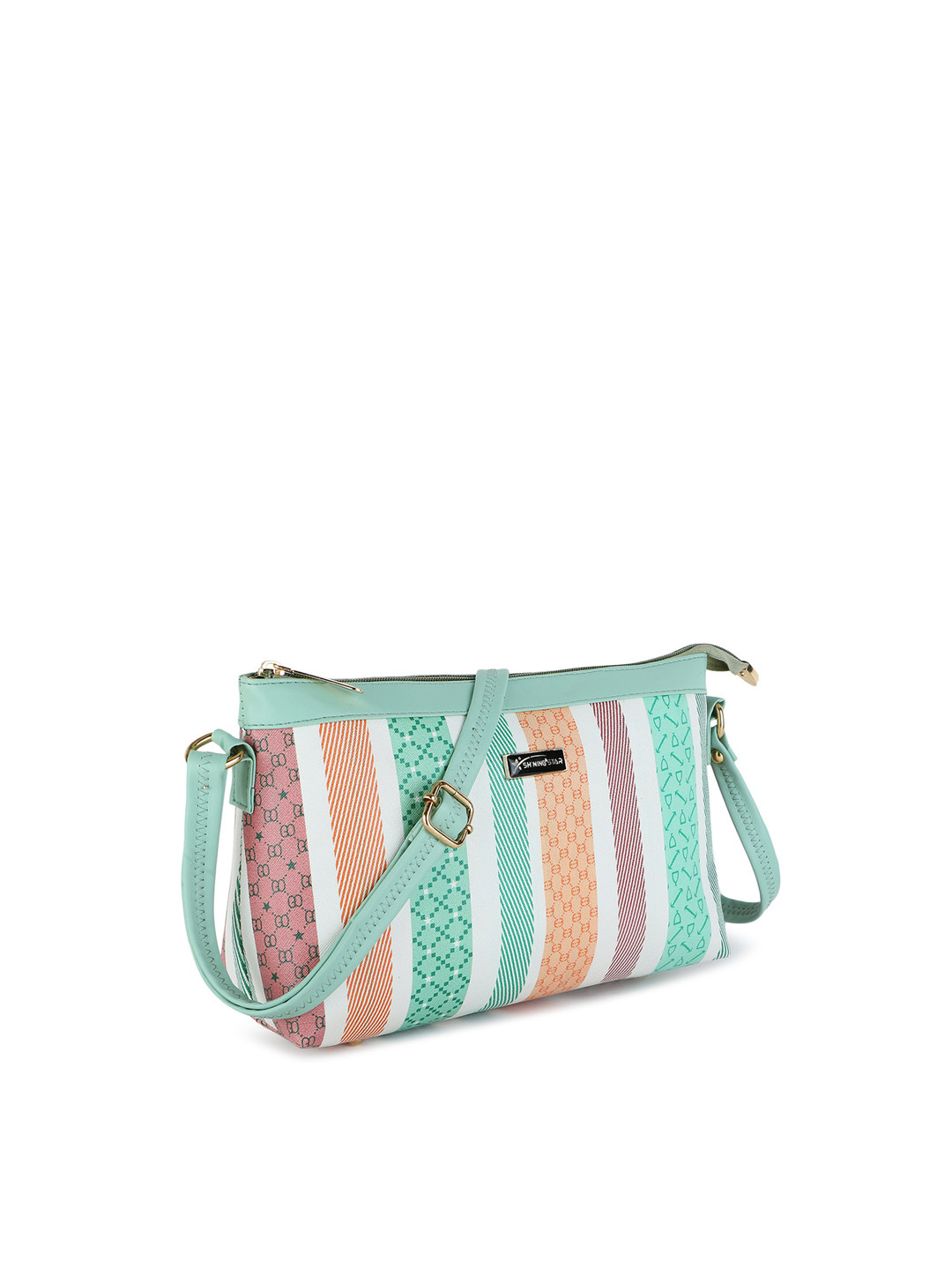 

SHINING STAR One Non-Detachable Strap Striped Structured Sling Bag, Sea green
