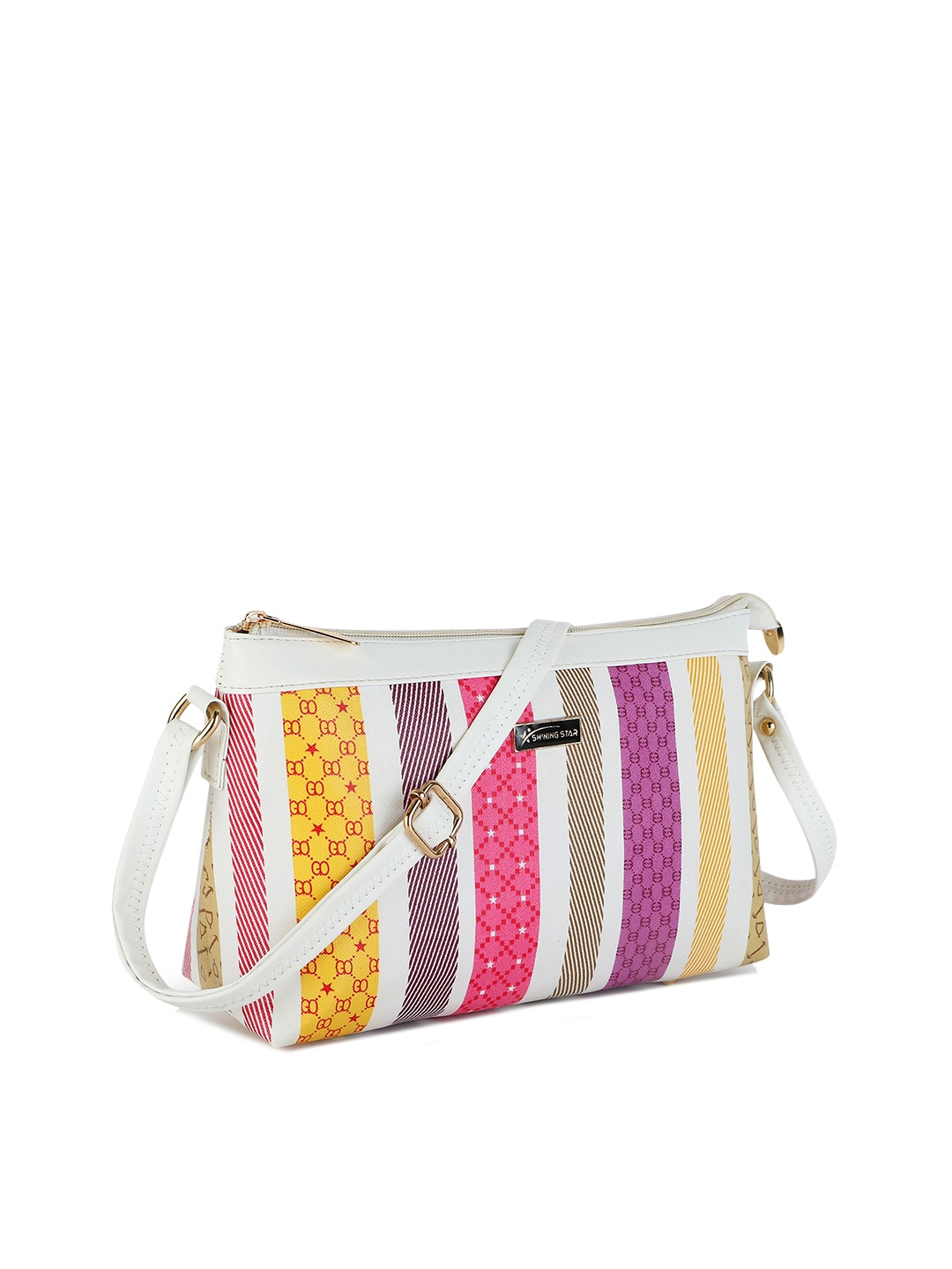 

SHINING STAR One Non-Detachable Strap Striped Structured Sling Bag, White