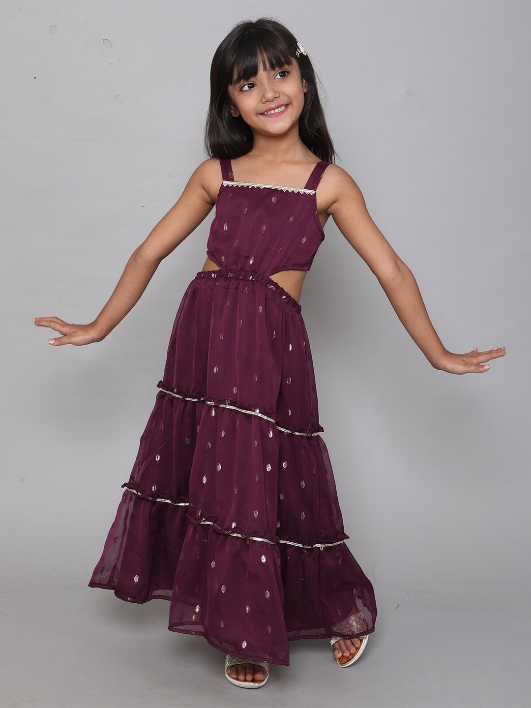 

taffykids Girls Shoulder Straps Cut-Out Tie Up Georgette Ethnic Maxi Dress, Purple