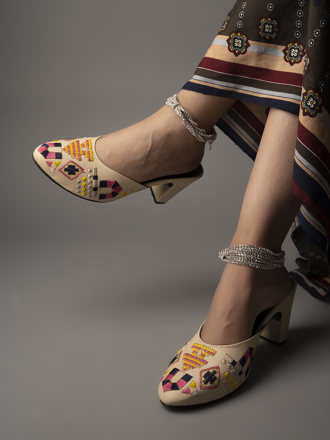 

Shoetopia Embroidered Ethnic Peep Toes Block Heels, Cream