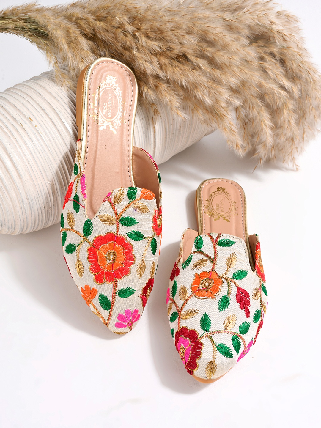 

Shoetopia Women Embroidered Suede Ethnic Mules, Off white