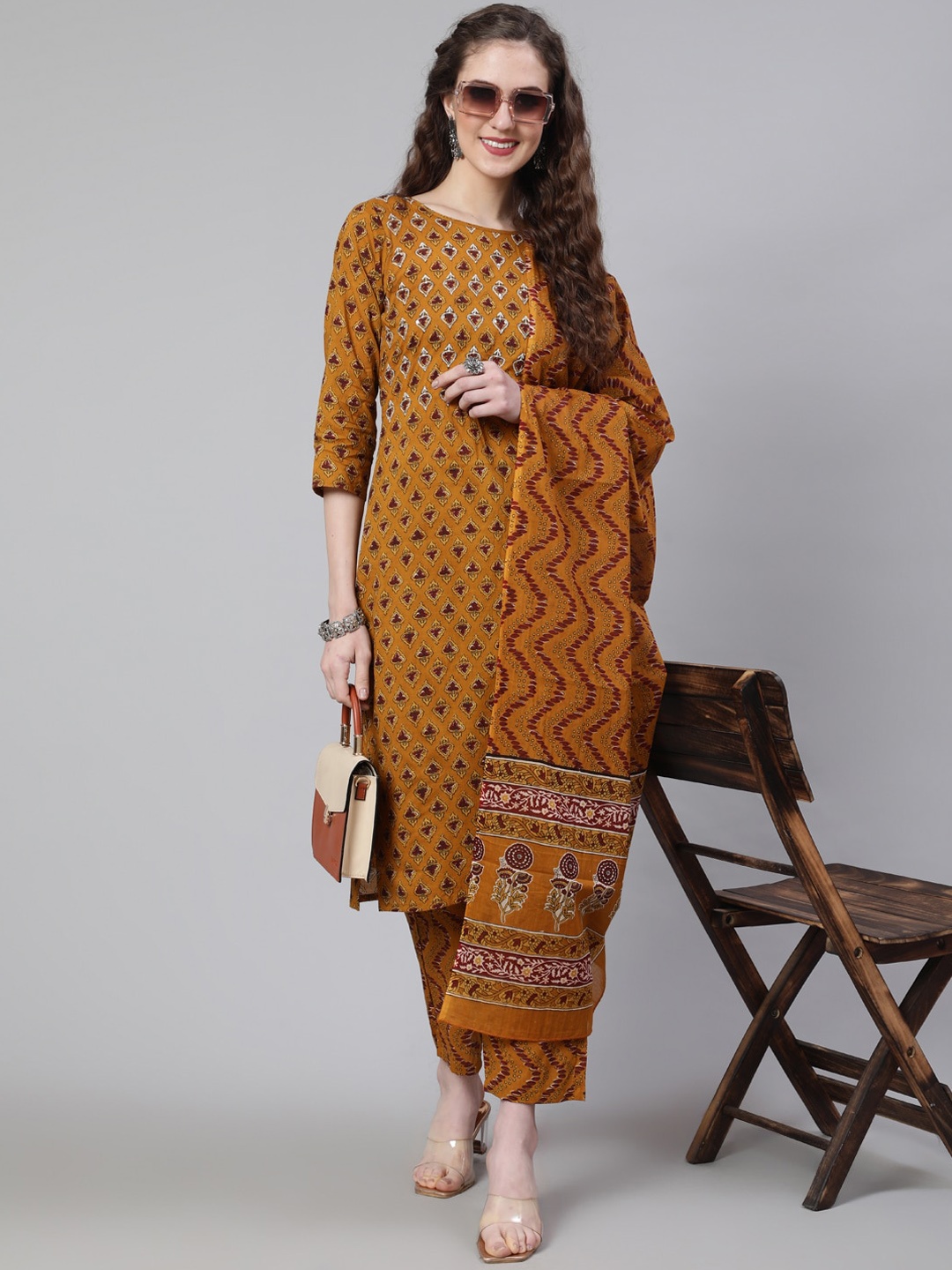

THE NKS PLUS Ethnic Motifs Printed Pure Cotton Kurta With Trousers & Dupatta, Mustard