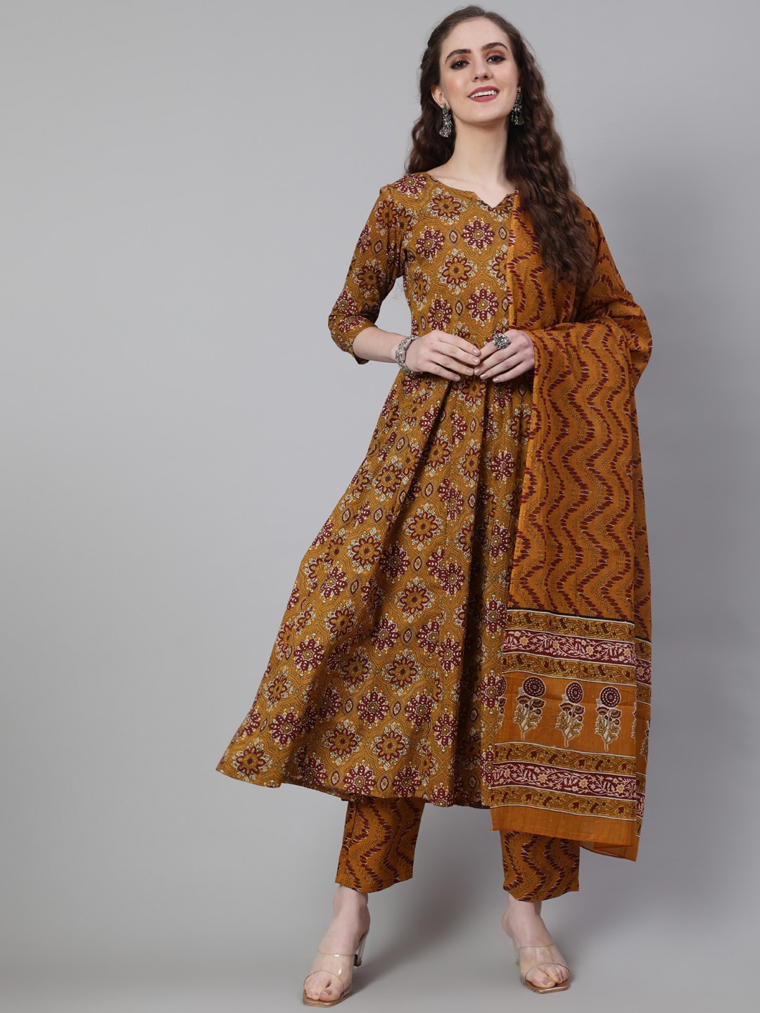 

THE NKS PLUS Ethnic Motifs Printed Pure Cotton Kurta With Trousers & Dupatta, Mustard