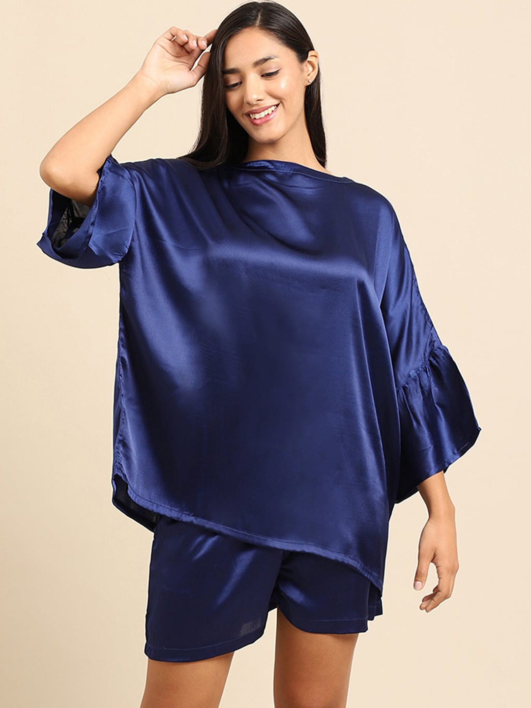 

Katn India Round Neck Bell Sleeves Night Suit, Navy blue
