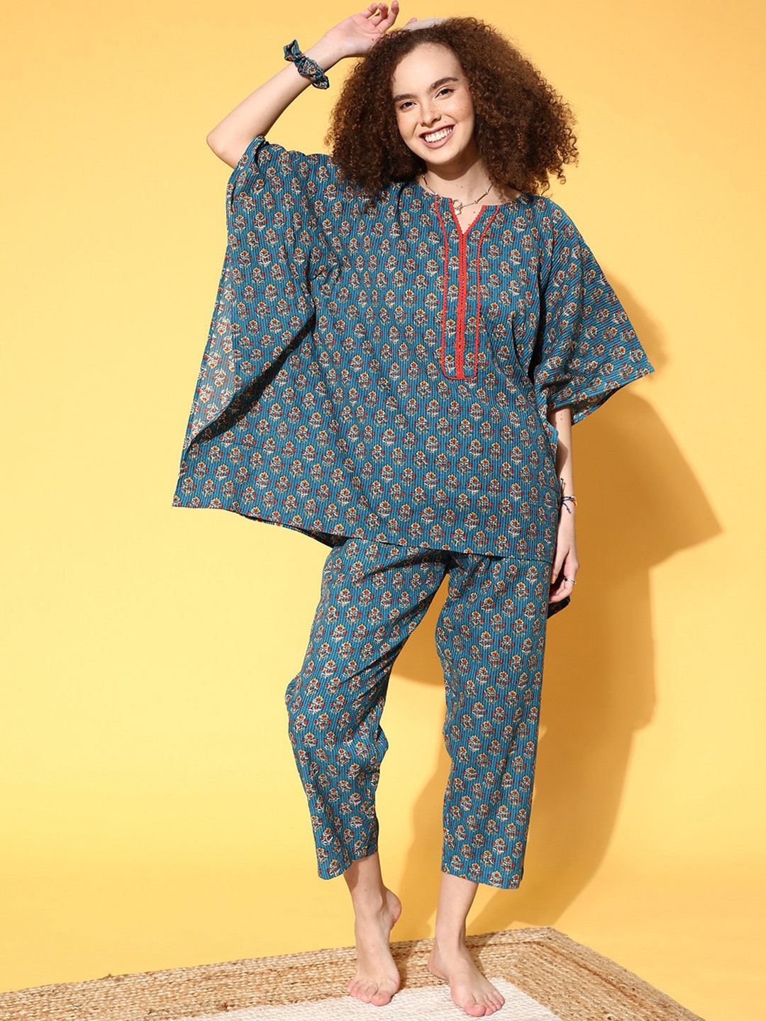 

Katn India Floral Printed Pure Cotton Night Suit, Navy blue