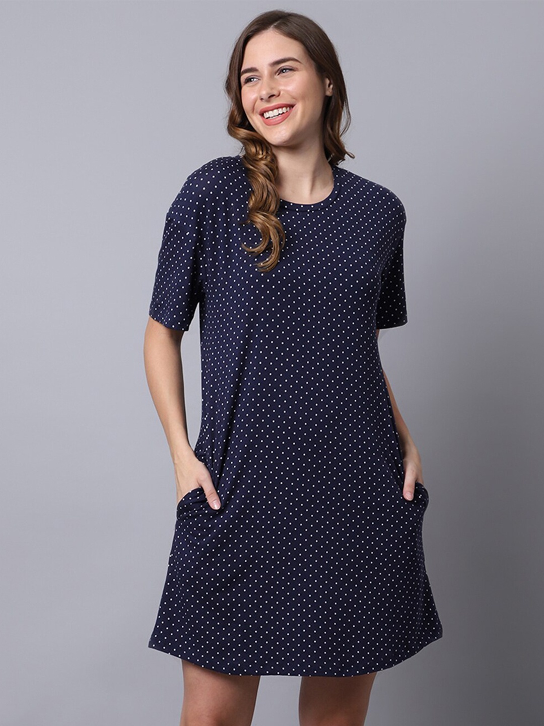 

Katn India Polka Dots Printed Nightdress, Navy blue