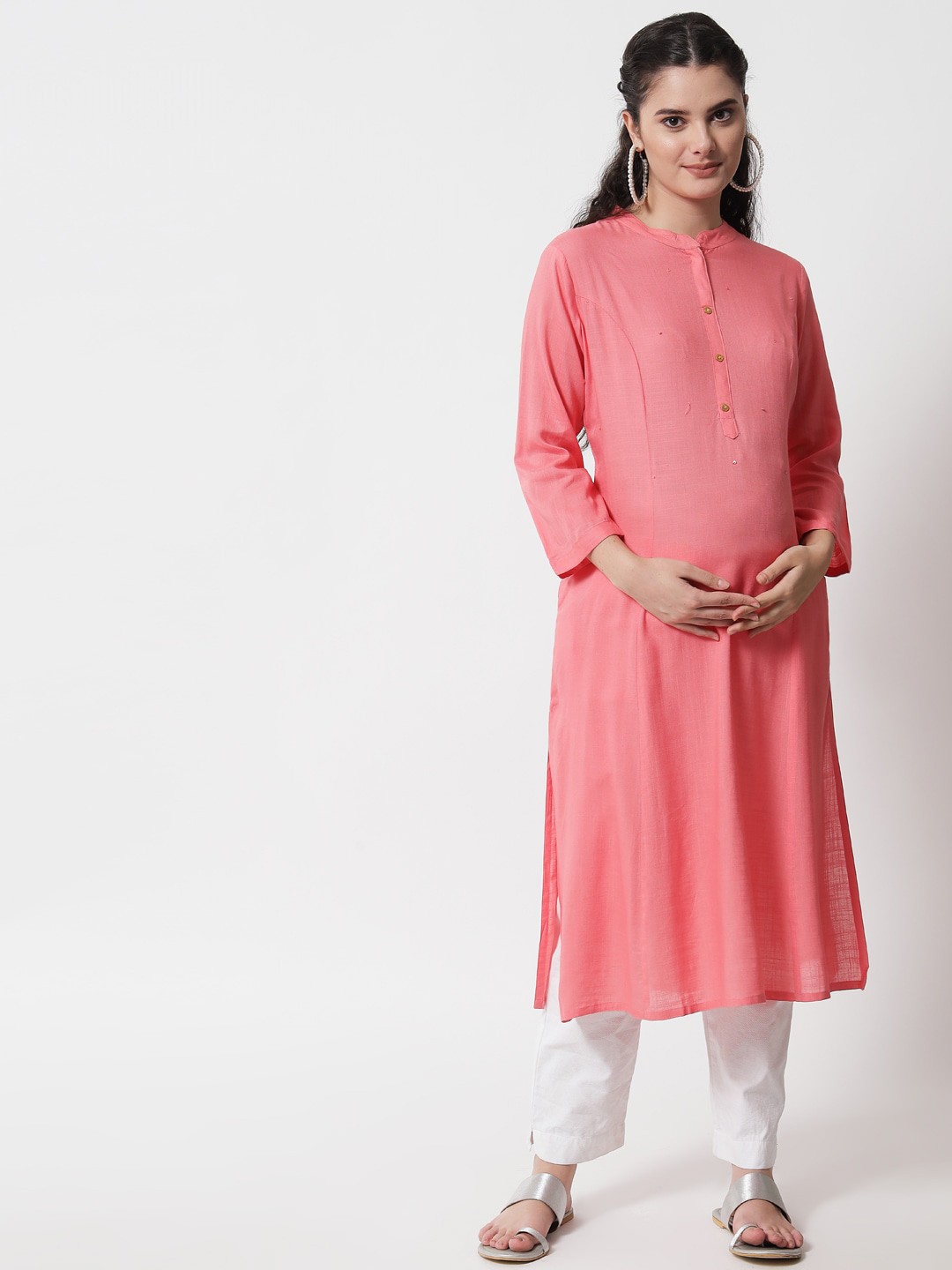 

Aujjessa Band Collar Panelled A-Line Maternity Kurta, Peach