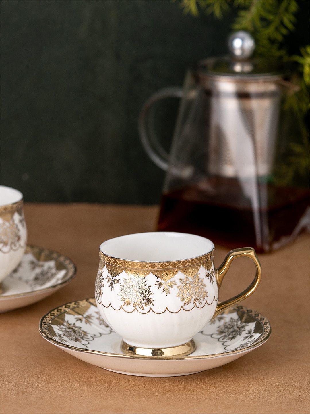 

CLAY CRAFT White & Gold-Toned 12 Pcs Printed Ceramic Glossy Cups and Saucers 180 ml Each