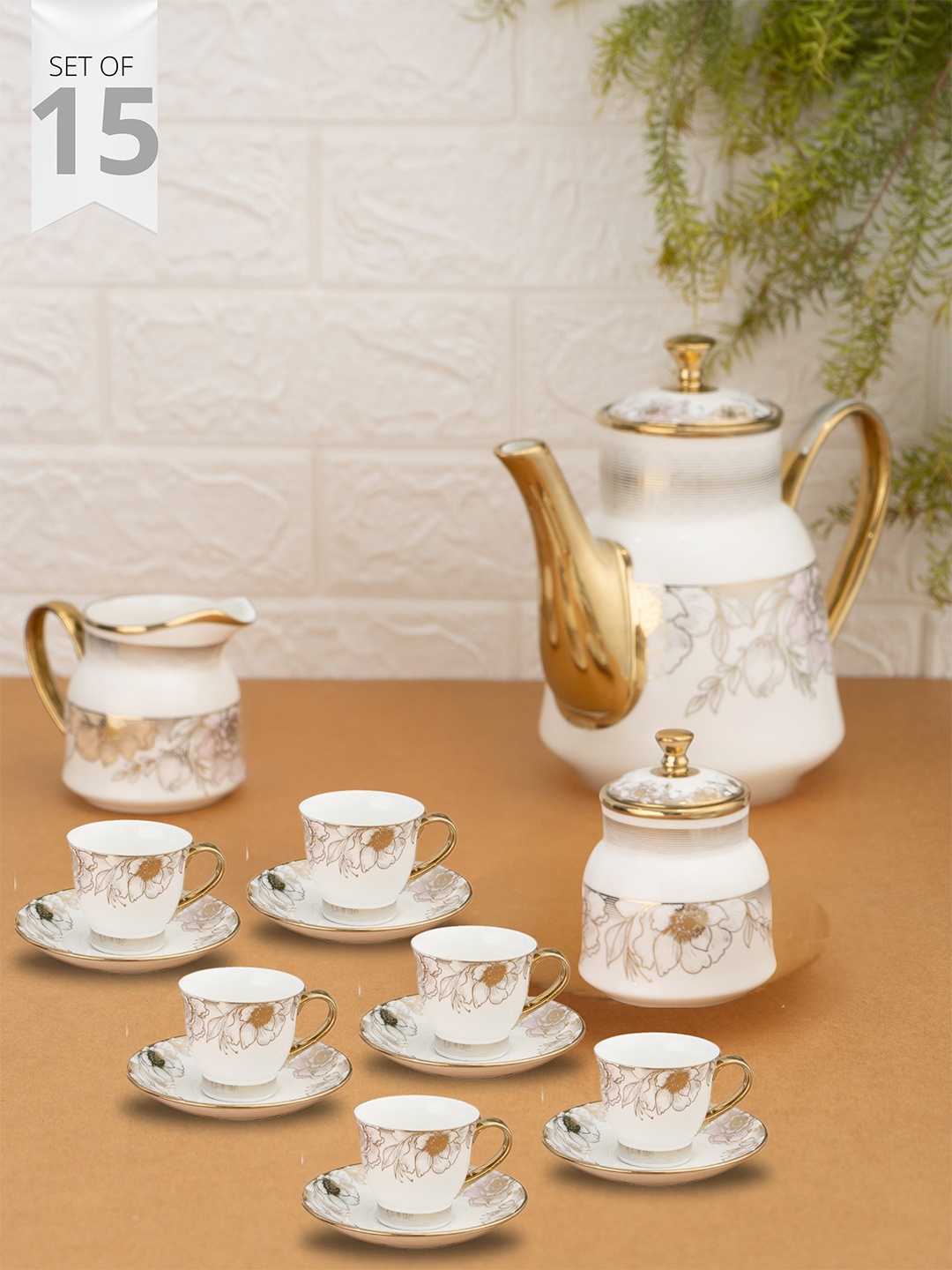 

CLAY CRAFT CLASSIC EBONY White & Gold-Toned 15 Pieces Floral Printed Ceramic Kettle Set