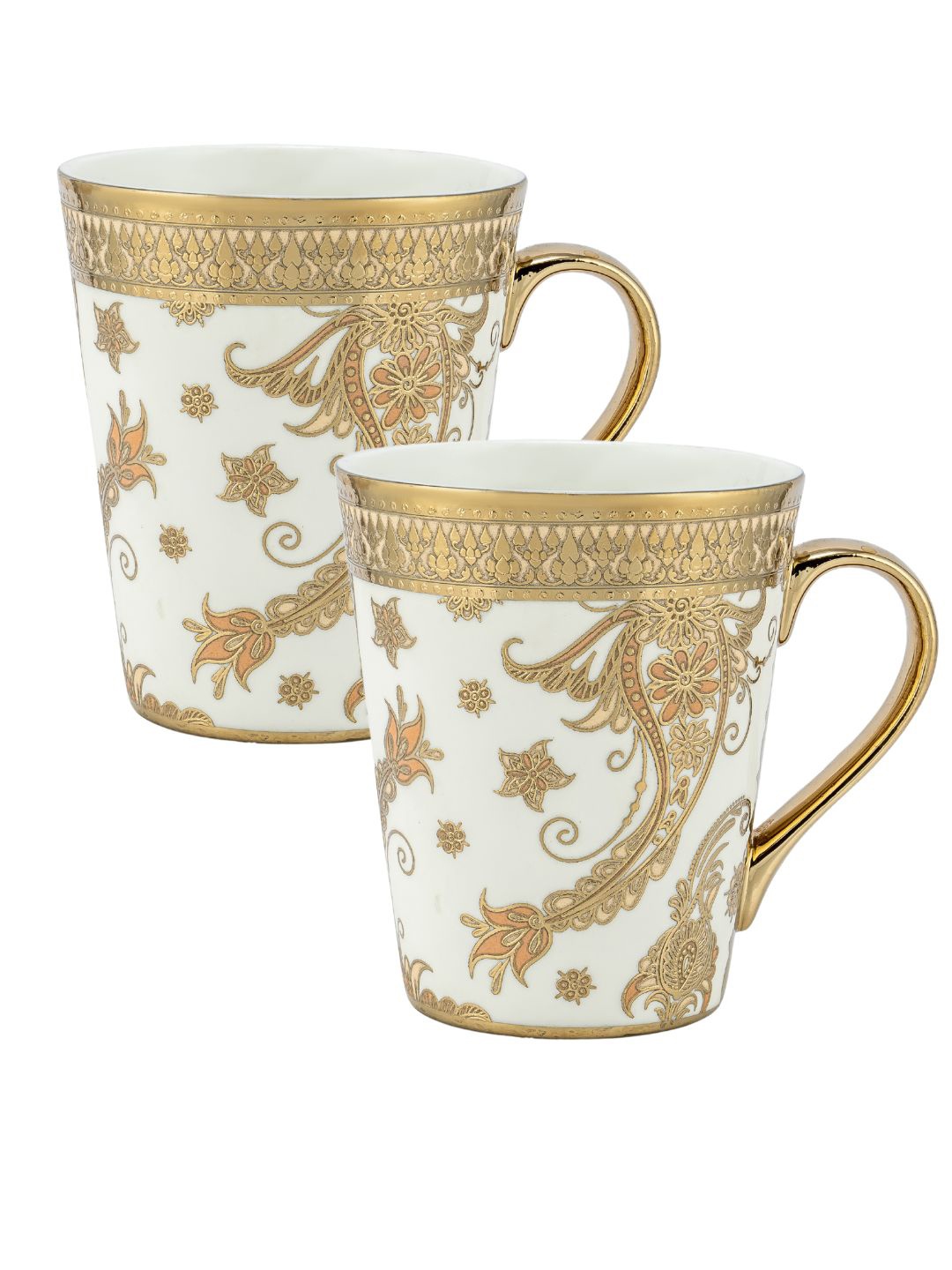 

CLAY CRAFT White & Gold-Toned 2 Pcs Ethnic Motifs Printed Ceramic Glossy Mugs 350 ml each