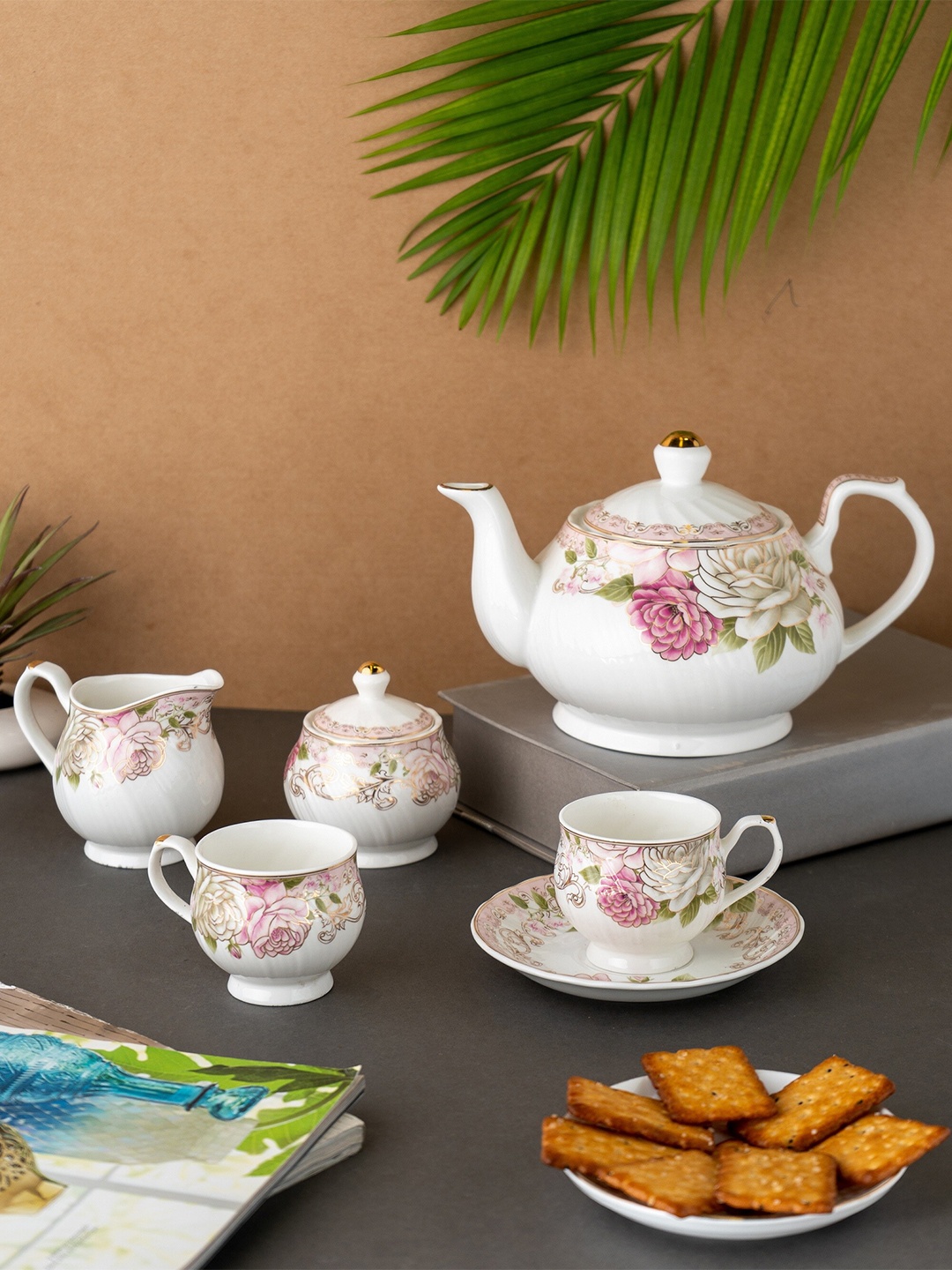 

CLAY CRAFT White & Pink 15 Pcs Floral Printed Ceramic Glossy Kettle Set