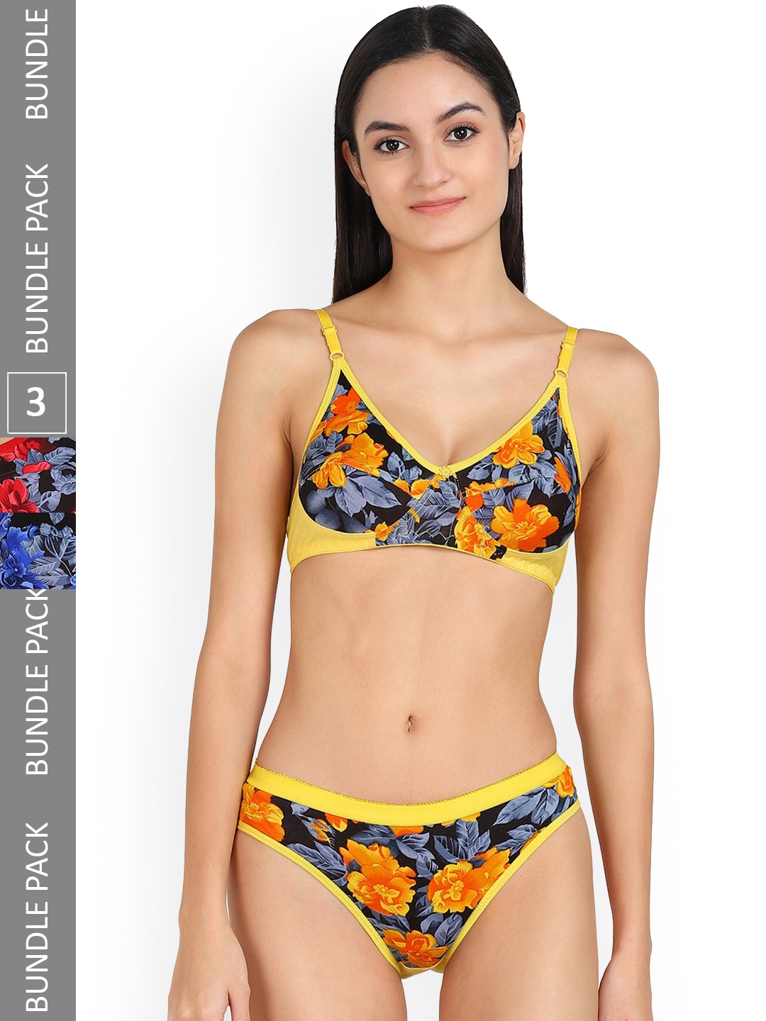 

AROUSY Pack Of 3 Floral Printed Non Padded Mid-Rise Cotton Lingerie Set, Blue