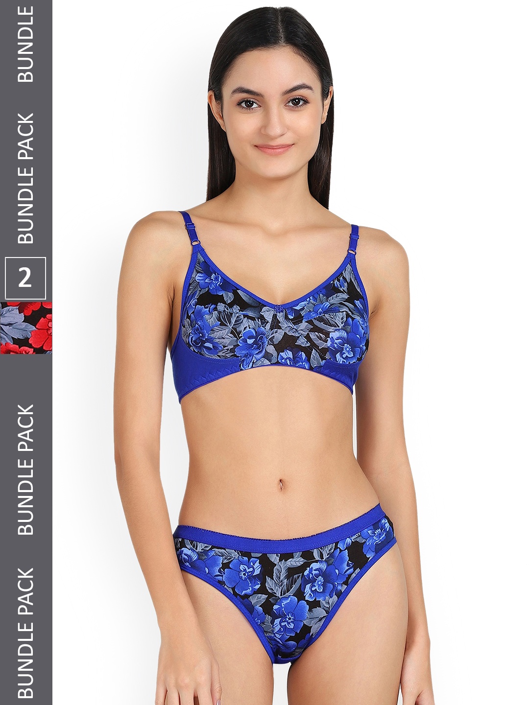 AROUSY Pack Of 2 Floral Printed Non Padded Cotton Lingerie Set, Blue
