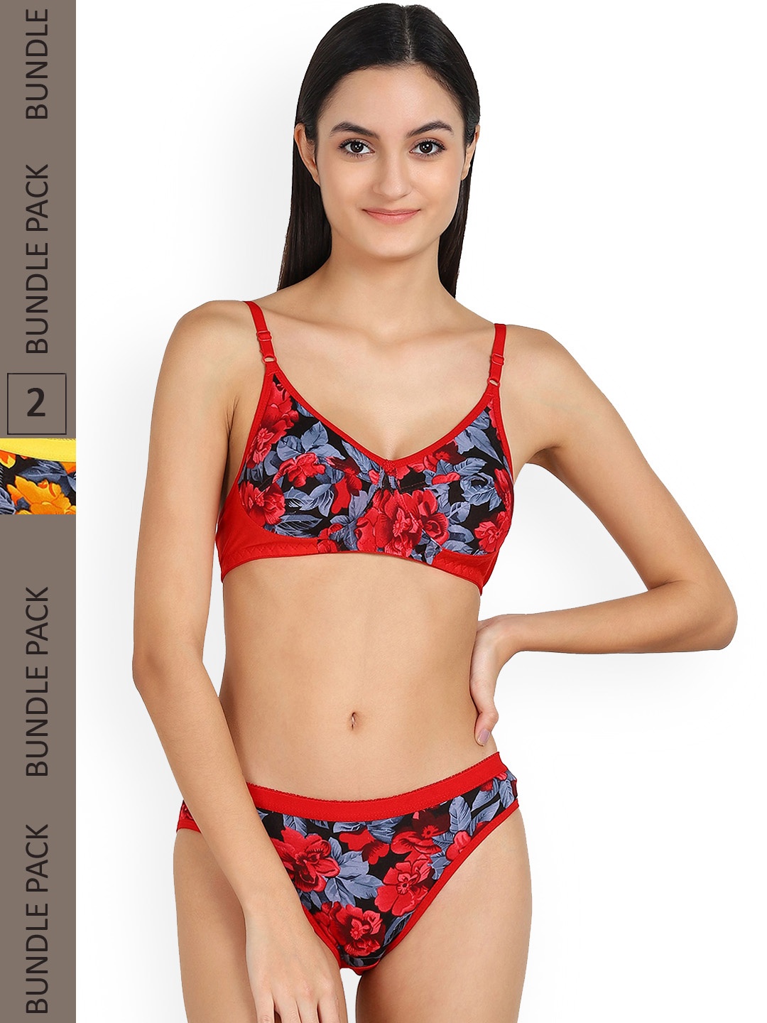 

AROUSY Pack Of 2 Floral Printed Non Padded Non Wired Mid Rise Cotton Lingerie Set, Yellow