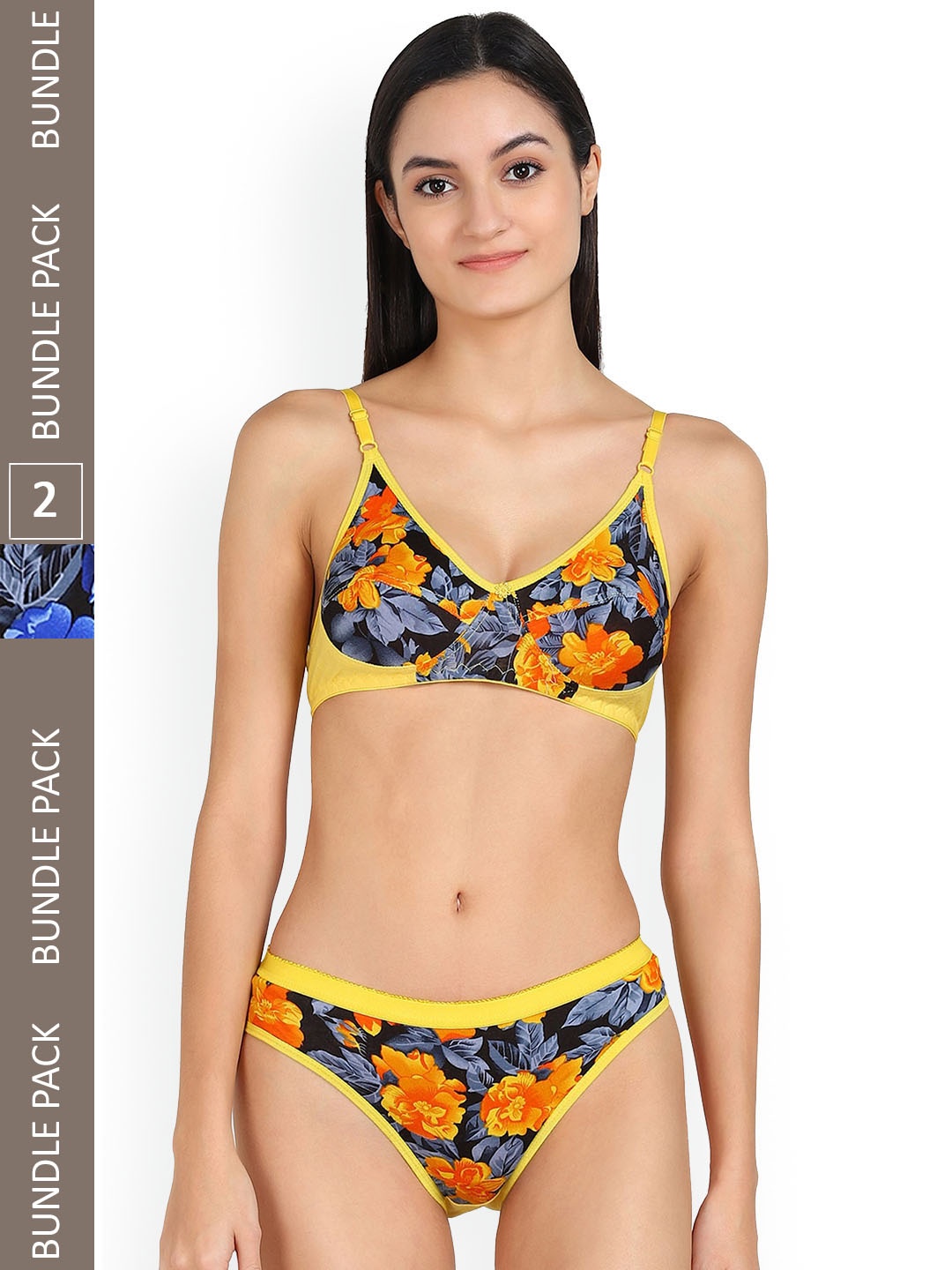 

AROUSY Pack Of 2 Floral Printed Non Padded Non Wired Cotton Lingerie Set, Yellow