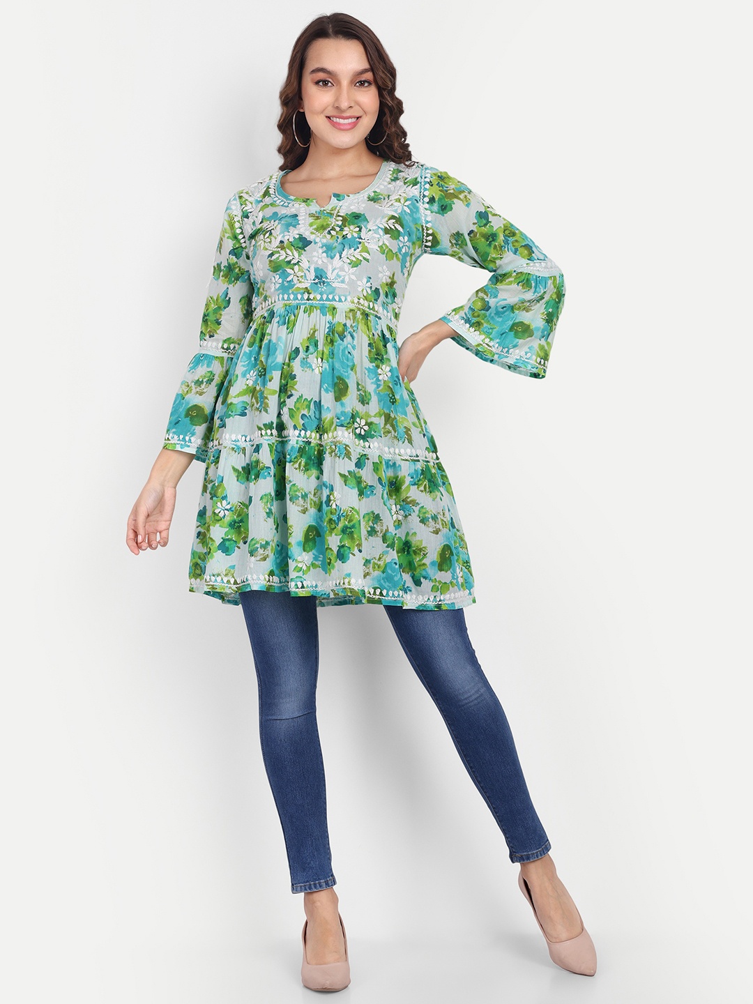 

Indiankala4u Floral Embroidered Chikankari Notched Neck Tiered Kurti, Blue