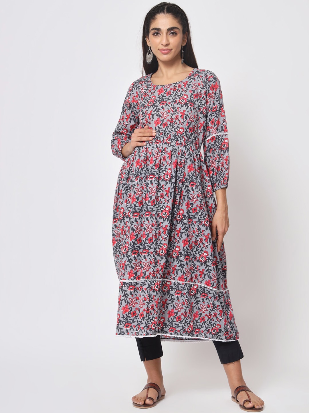 

Aujjessa Floral Printed Pleated Maternity A-Line Cotton Kurta, Grey