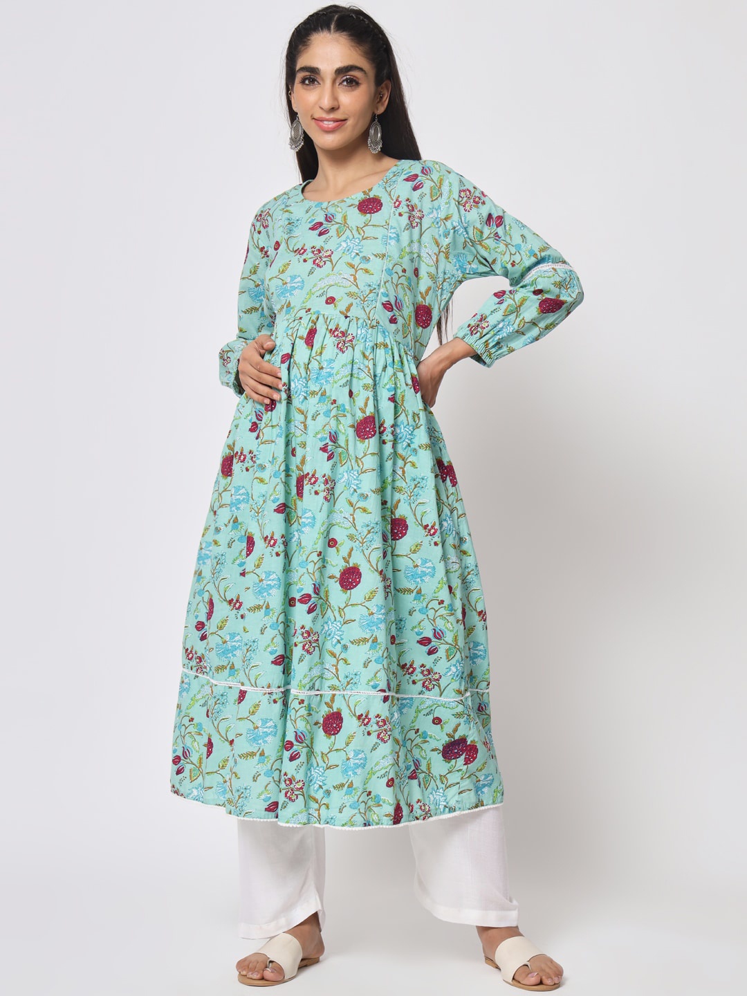 

Aujjessa Floral Printed Maternity Feeding Anarkali Kurta, Sea green