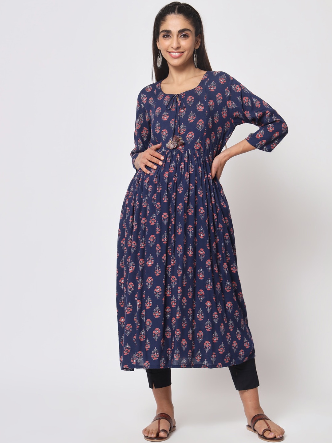 

Aujjessa Ethnic Motifs Printed Maternity Anarkali Kurta, Navy blue