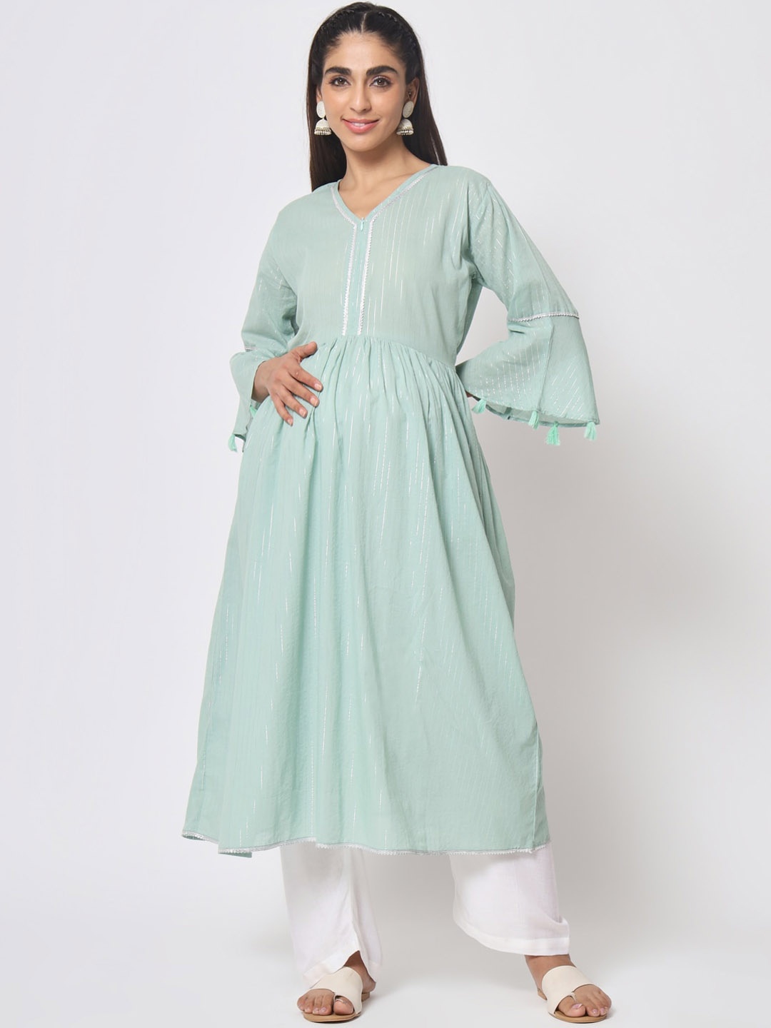 

Aujjessa Striped Maternity Feeding Pure Cotton Anarkali Kurta, Green