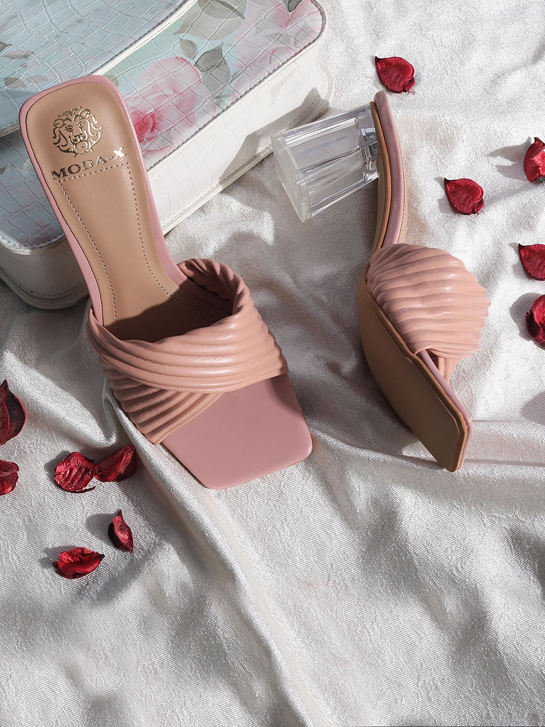 

MODA-X Striped Open Toe Block Heels, Pink