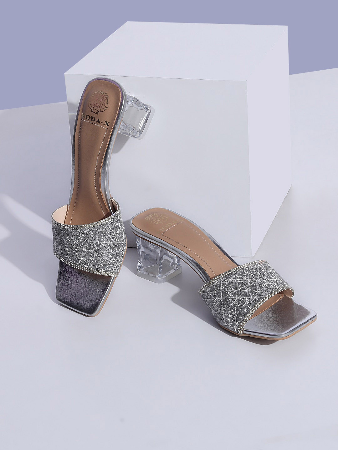 

MODA-X Women Open Toe Embellished Block Heels, Silver