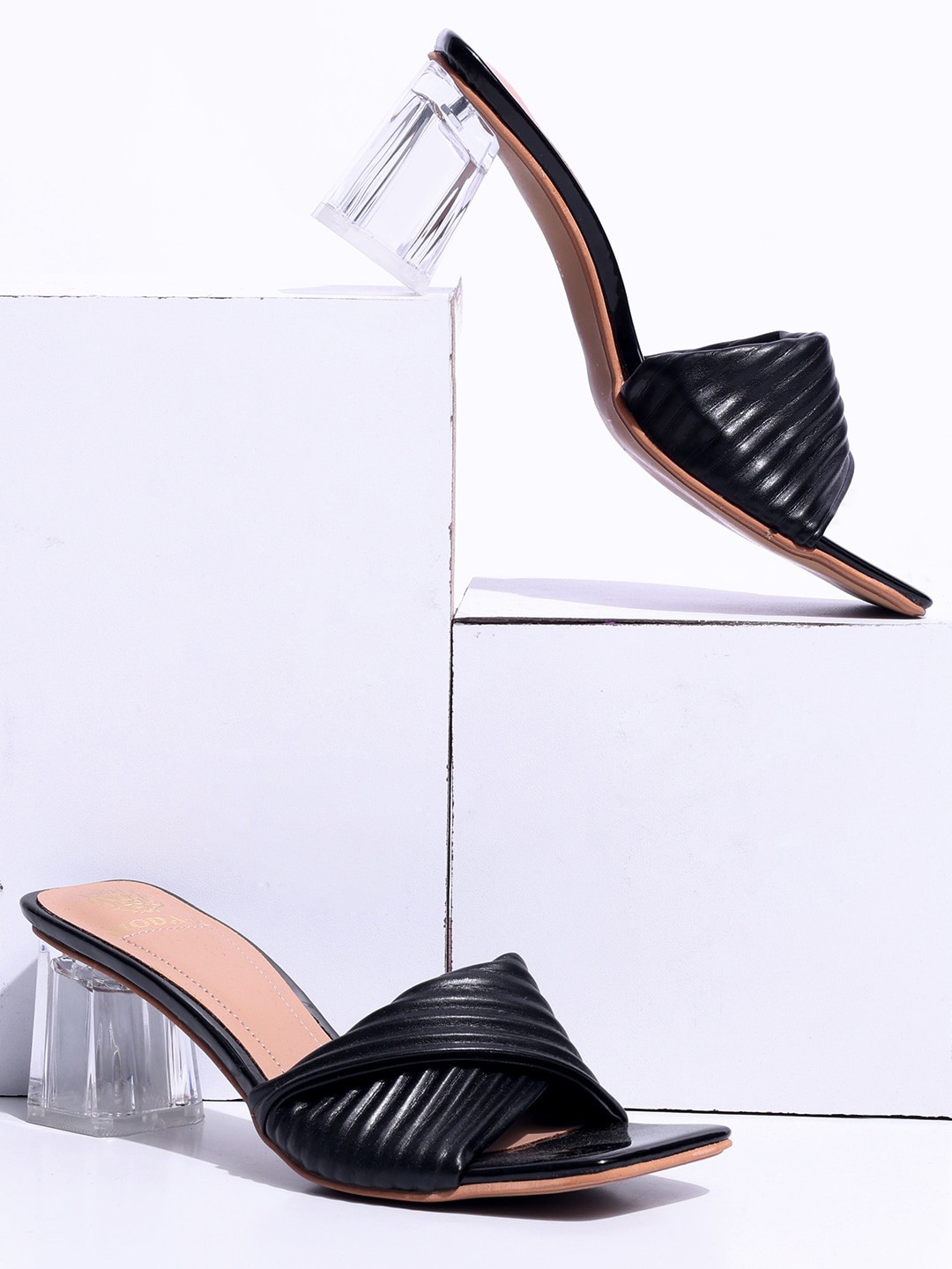 

MODA-X Women Textured Peep Toe Block Heels, Black