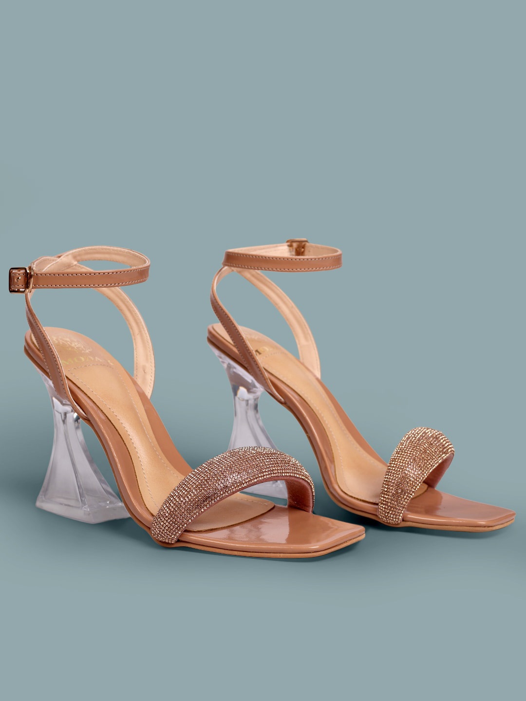 

MODA-X Embellished Ankle Loop Block Heels with Buckles, Beige