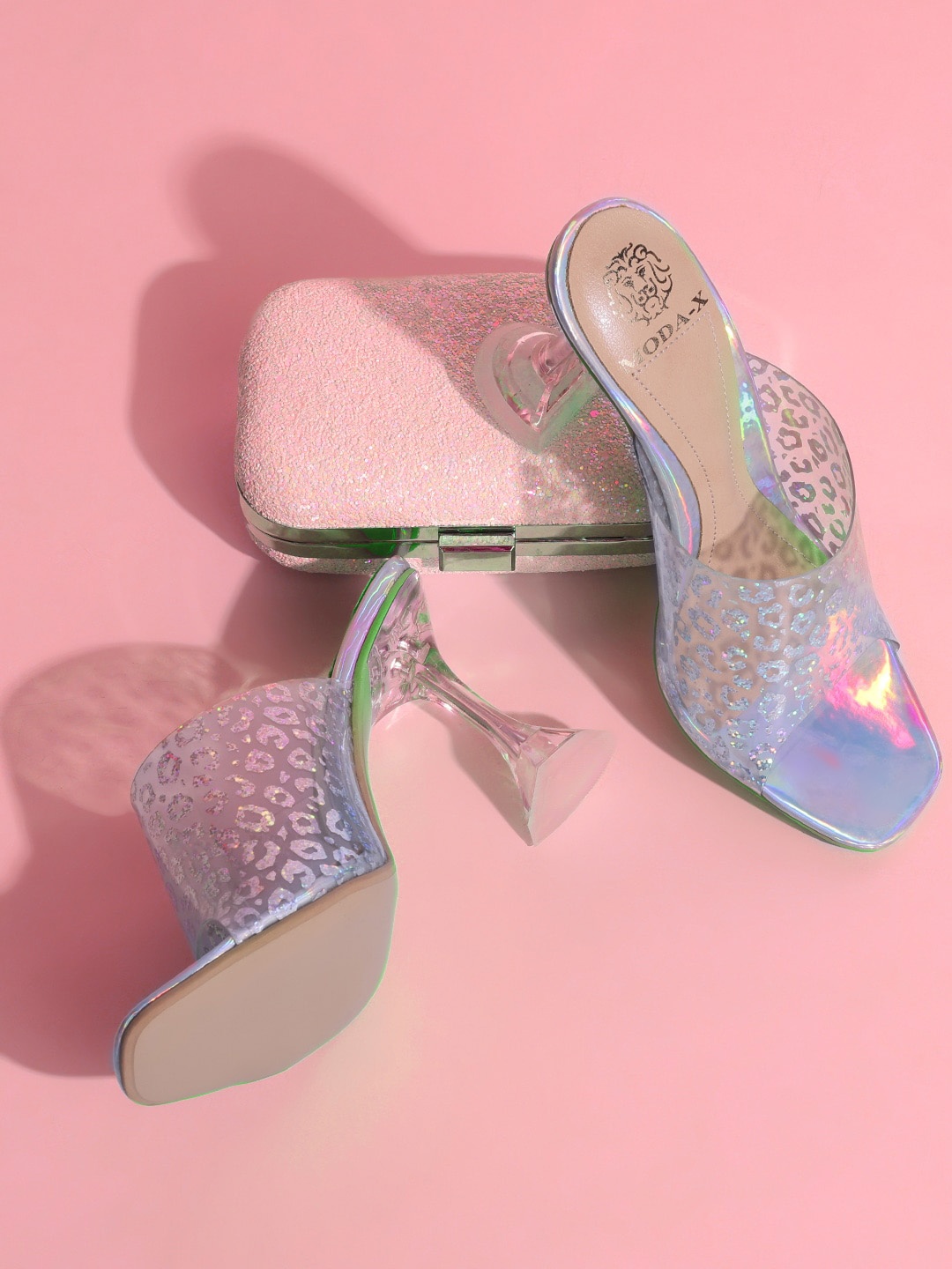 

MODA-X Printed Square Toes Mules Kitten Heels, Silver