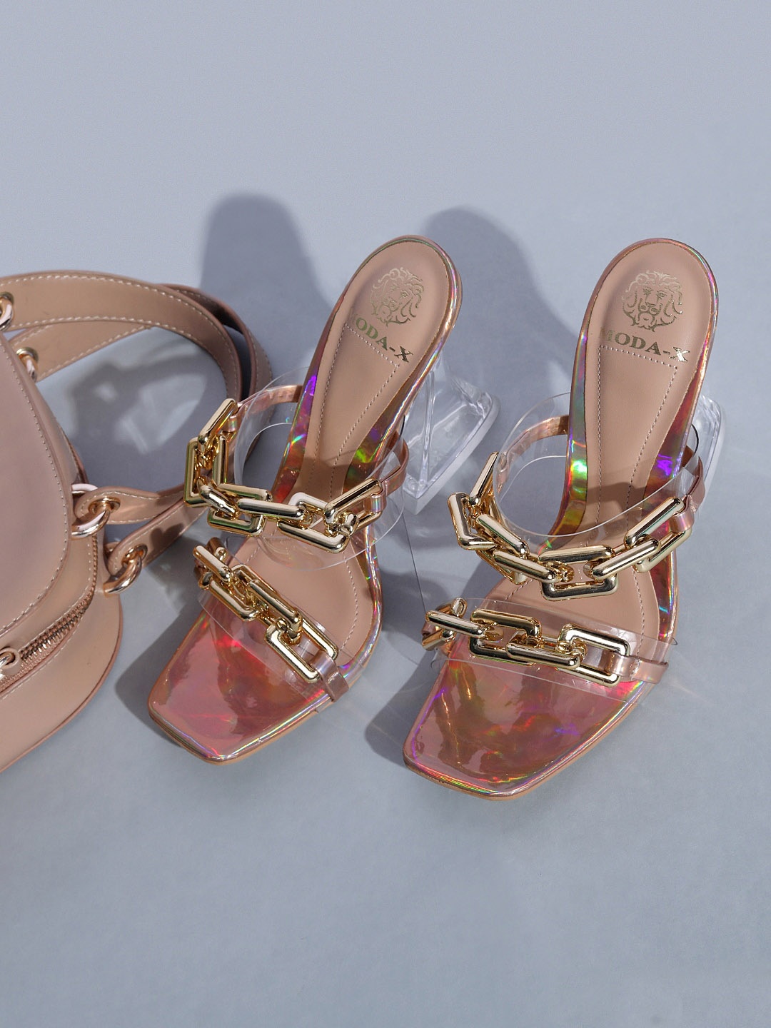 

MODA-X Embellished Open Toe Block Heels, Rose gold