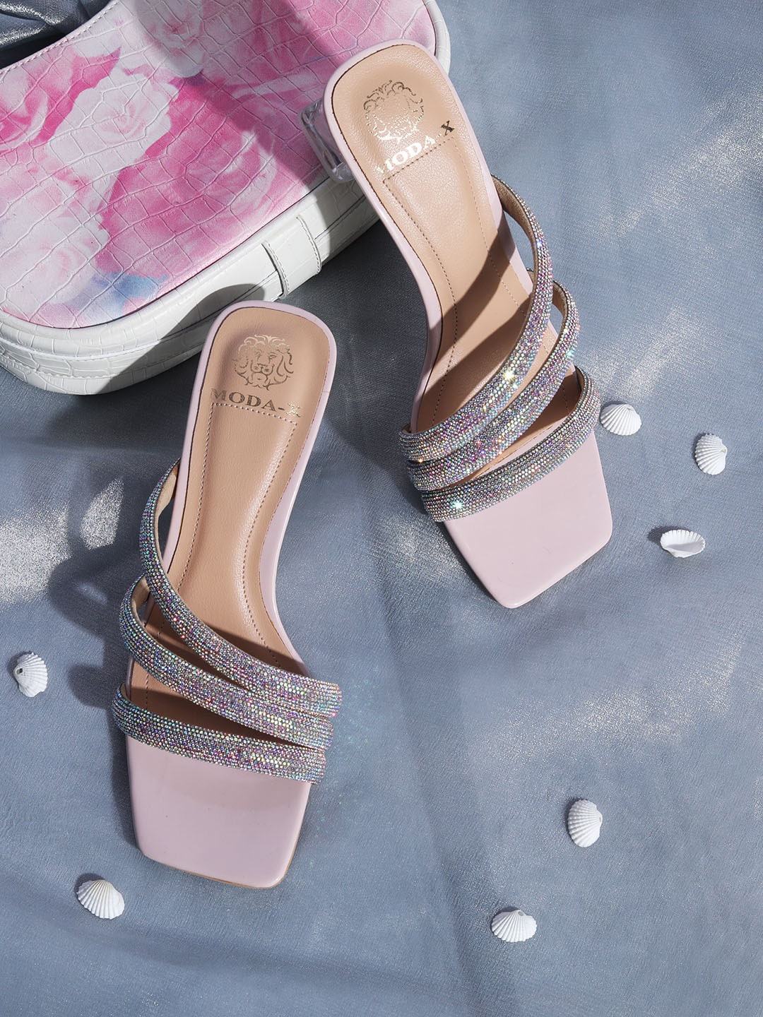 

MODA-X Embellished Open Toe Block Heels, Pink